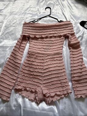 Fashion Nova Blush Pink Off-the-Shoulder Ruffled Knit Romper